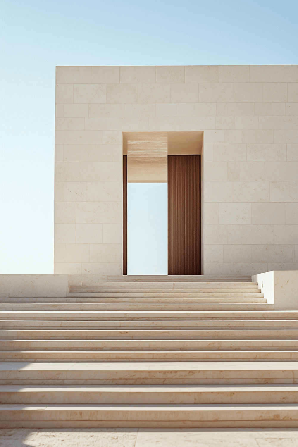 Façade en pierre claire et escalier menant à une porte en bois